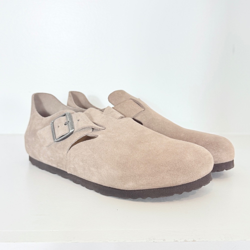 Birkenstock London Suede Clogs Sz 40 L9 m& Taupe Buckle Closed Toe Boho Gorpcore